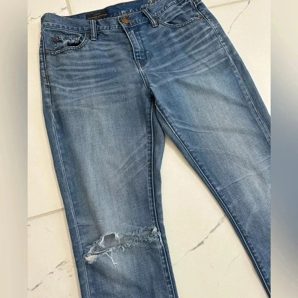 J Crew Womens Slim Broken In Boyfriend Jeans 27 Blue Distressed Ripped Mid Rise - Picture 2 of 9
